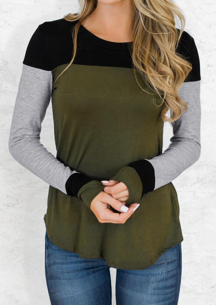 

Color Block Long Sleeve T-Shirt Tee - Army Green, 456113