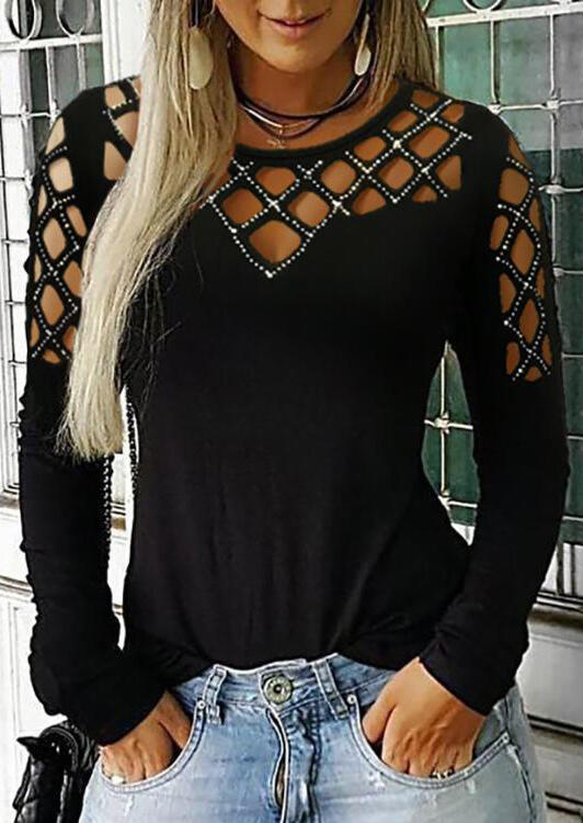 

Hollow Out Long Sleeve Blouse without Necklace, Black, 456132