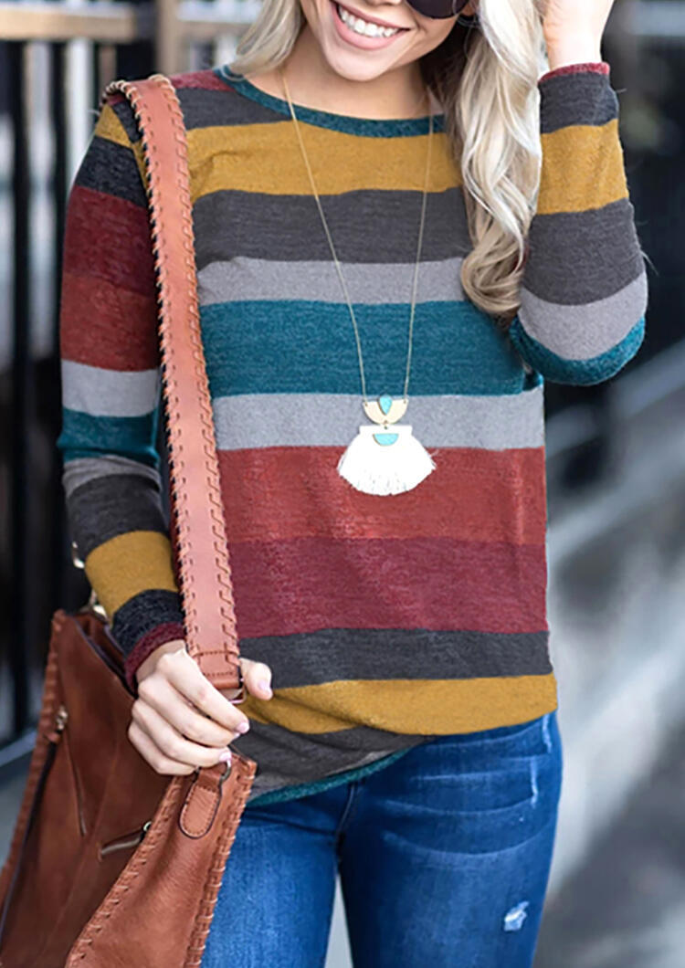 Striped Long Sleeve O-Neck Blouse without Necklace - Multicolor