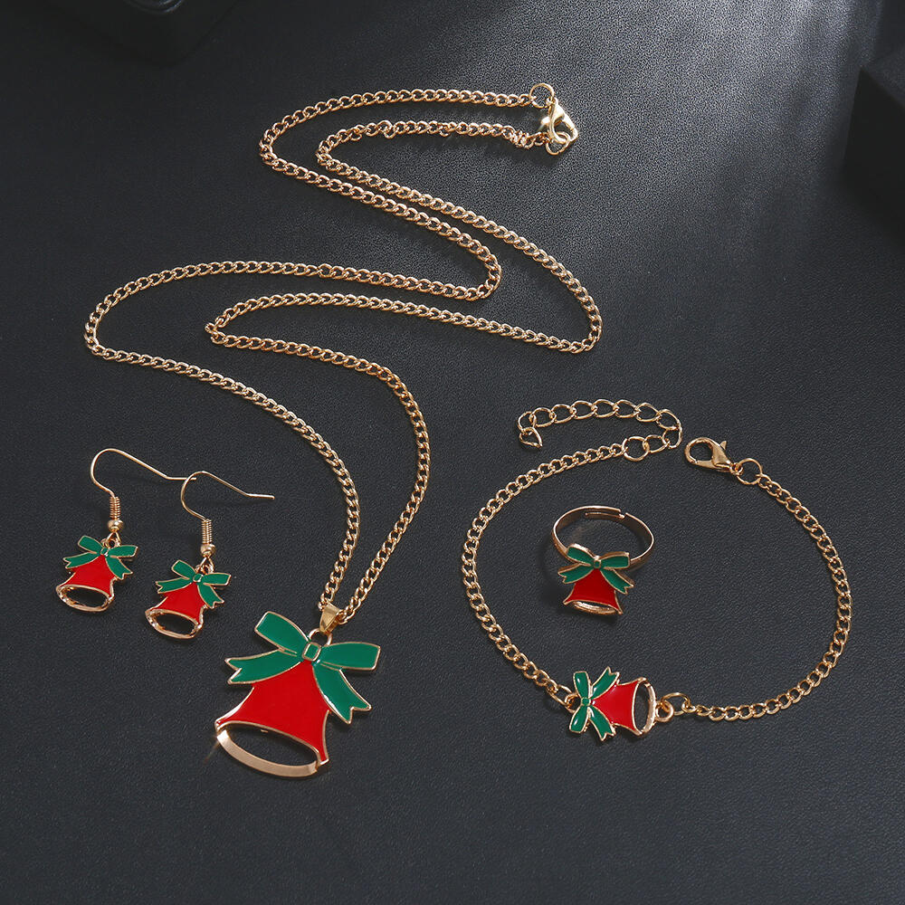 4Pcs Christmas Bow Bell Earrings Necklace Bracelet Jewelry Set