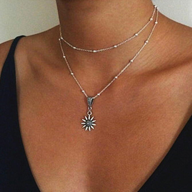 Sunflower Pendant Layered Vintage Necklace