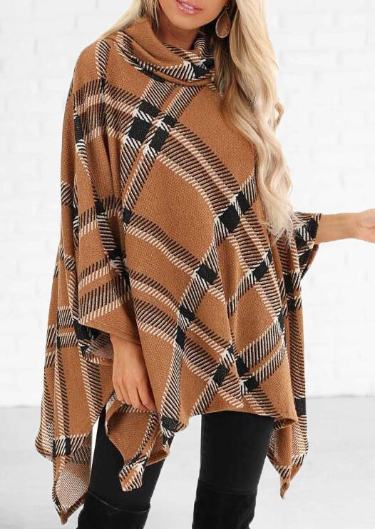 Plaid Splicing Asymmetric Cardigan - Light Brown