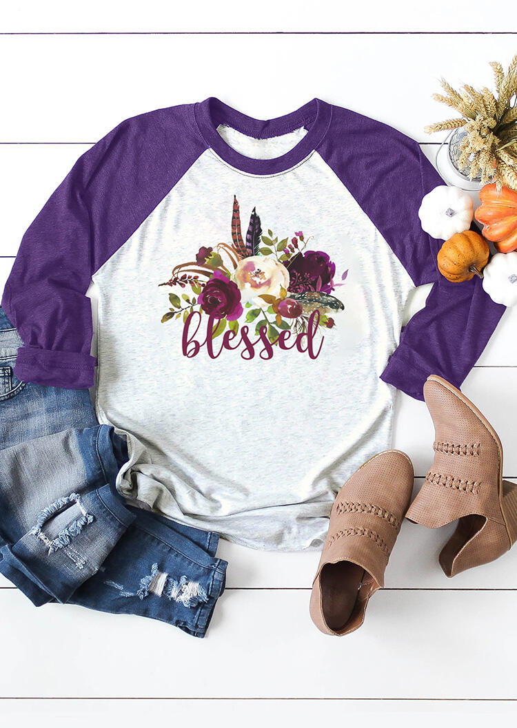 Floral Blessed Feathers T-Shirt Tee - Light Grey