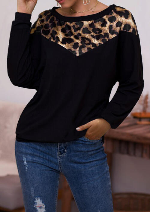 Leopard Printed Splicing Blouse without Necklace - Black