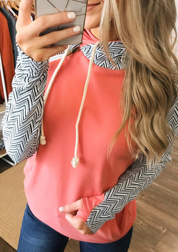 

Geometric Splicing Drawstring Thumbhole Hoodie - Orange, 456219