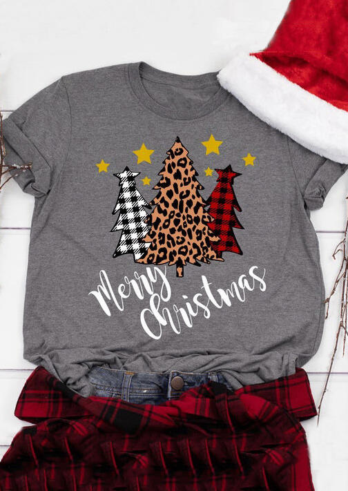 

Plaid Leopard Printed Merry Christmas Trees T-Shirt Tee - Gray, 456379