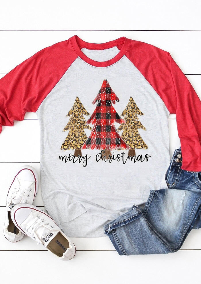 Plaid Leopard Printed Merry Christmas Trees T-Shirt Tee - Light Grey