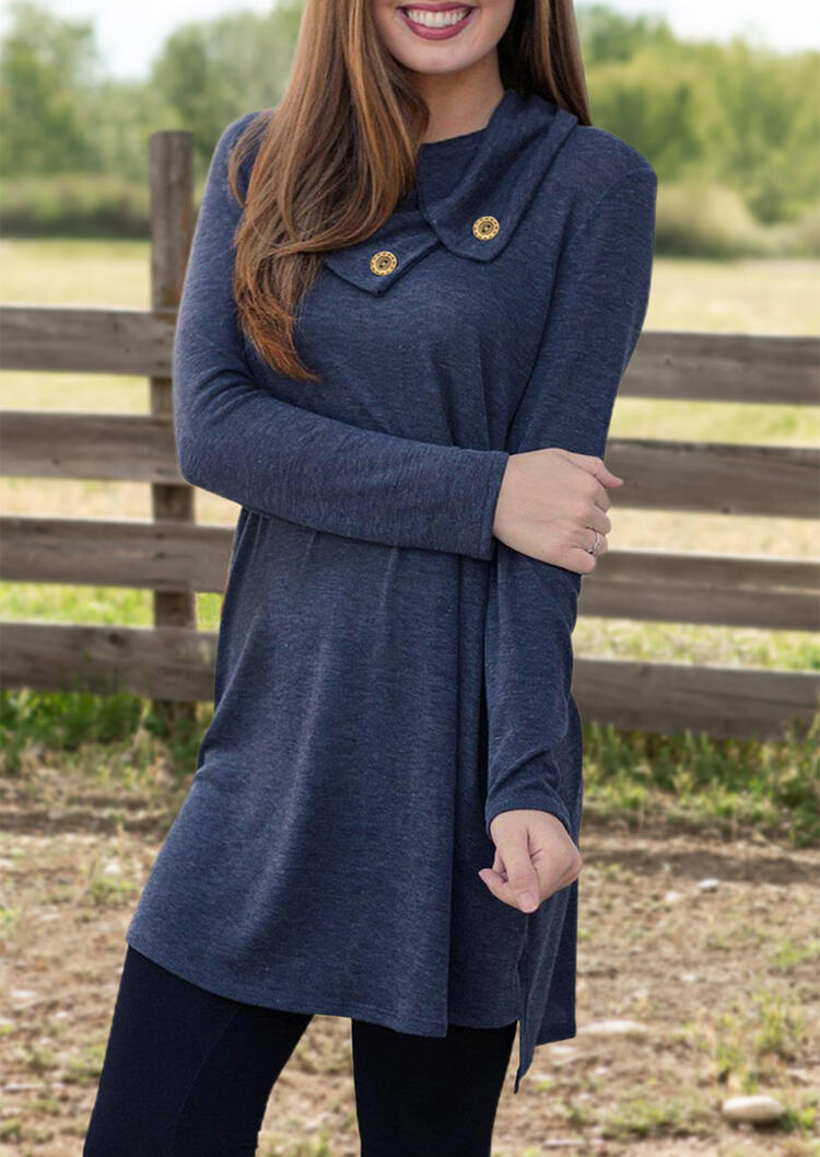 Solid Button Long Sleeve Mini Dress - Deep Blue