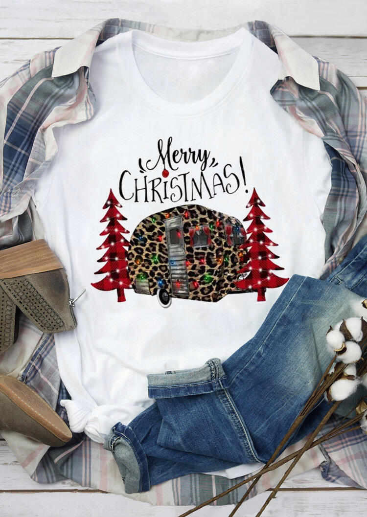 Merry Christmas Tree Leopard Plaid Printed T-Shirt Tee - White