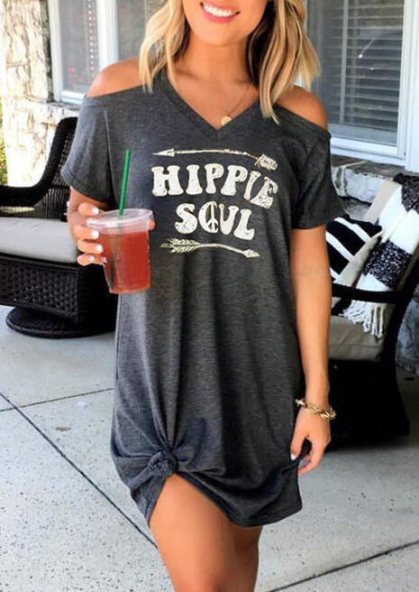 Hippie Soul Cold Shoulder Mini Dress without Necklace - Dark Grey