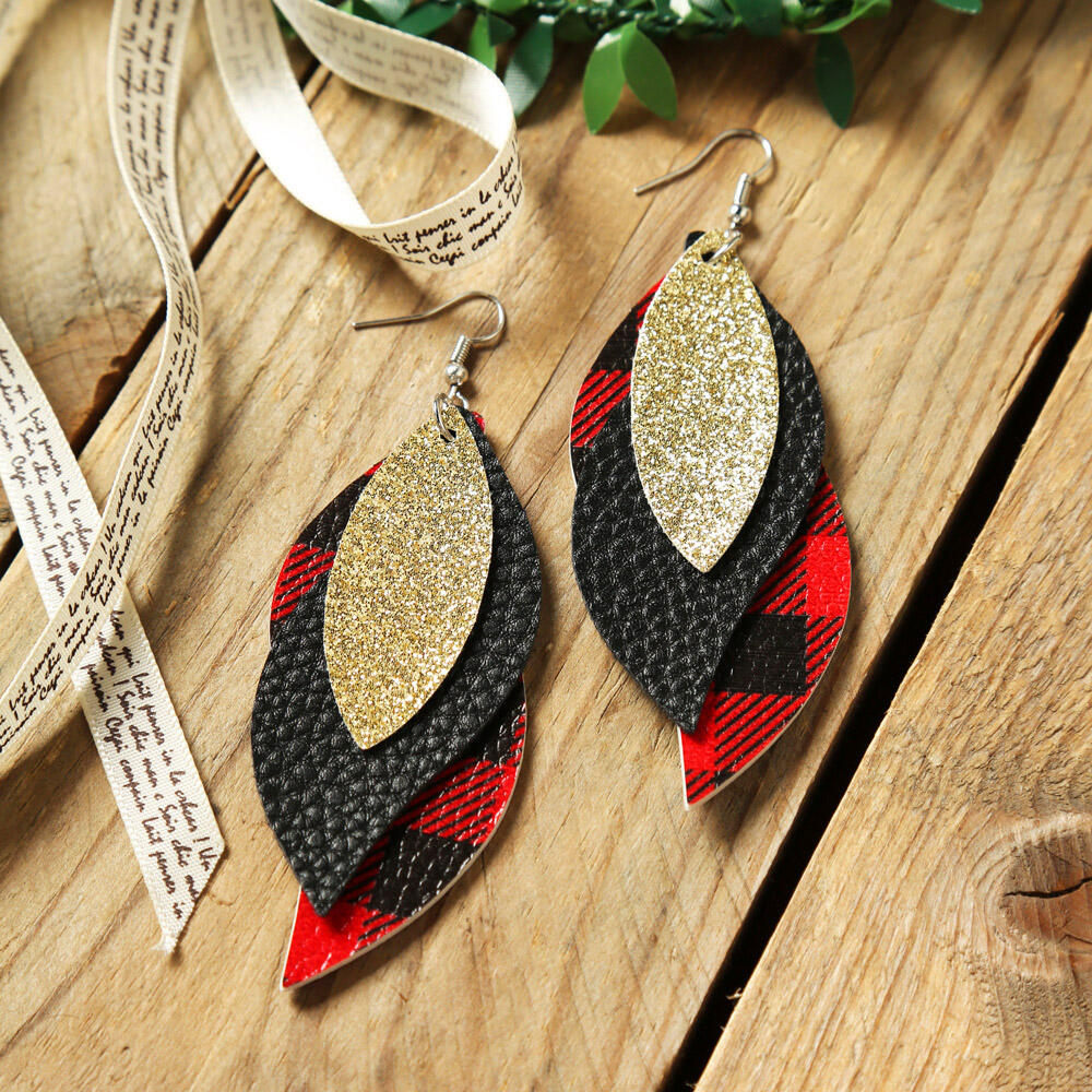 Plaid Sequined Leaf Multi-Layered Leather Earrings