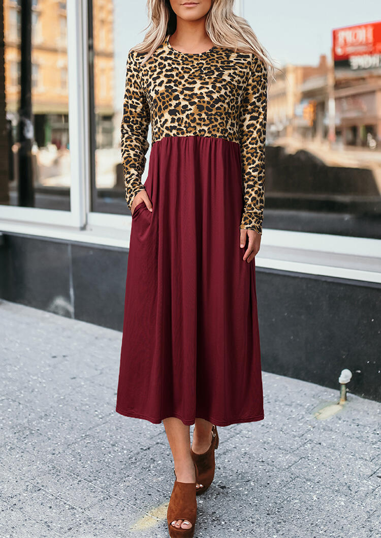 

Leopard Printed Ruffled Pocket Long Sleeve Maxi Dress - Burgundy, 456659
