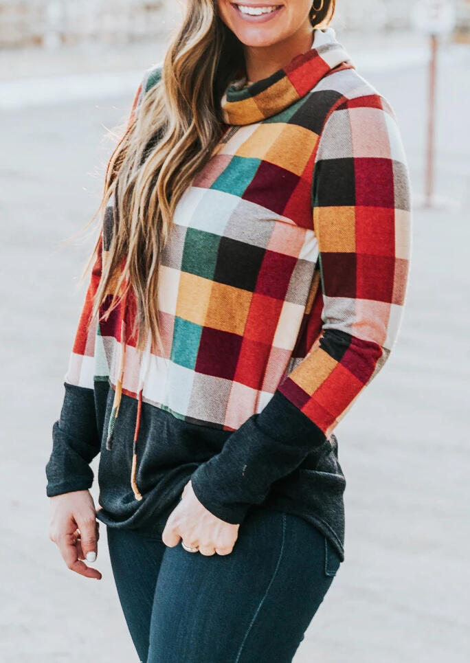 Plaid Splicing Drawstring Cowl Neck Blouse