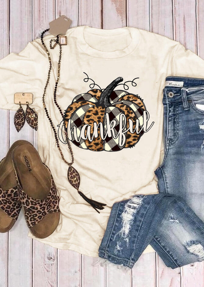 Plaid Leopard Printed Splicing Thankful Pumpkin T-Shirt Tee - Beige