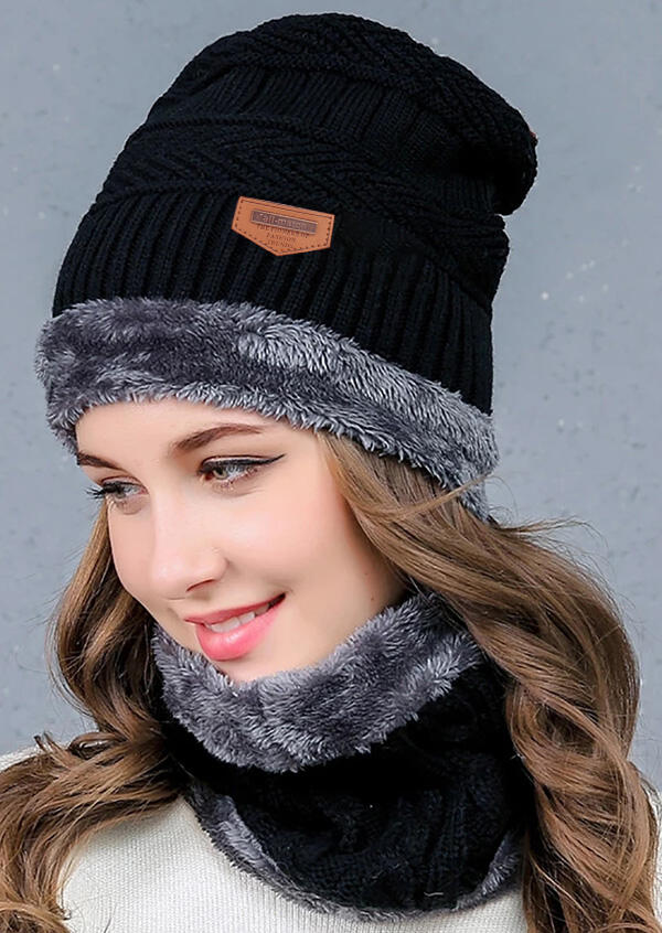 Winter Thickened Velvet Kitted Hat and Circle Scarf Set