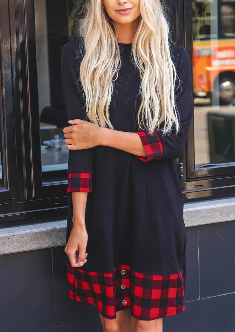 

Plaid Splicing Pocket Mini Dress - Black, 456832
