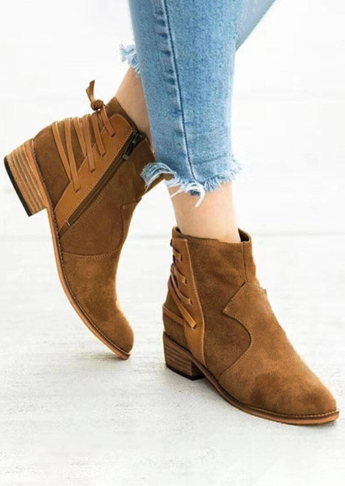 Solid Lace Up Side Zipper Ankle Boots - Brown