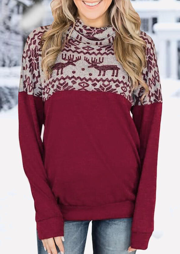 Christmas Reindeer Cowl Neck Sweatshirt - Burgundy