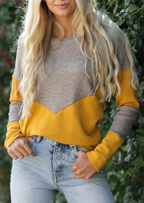 Color Block Splicing Sweater - Yellow