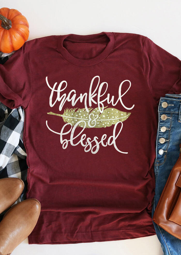 Feather Thankful Blessed T-Shirt Tee - Burgundy