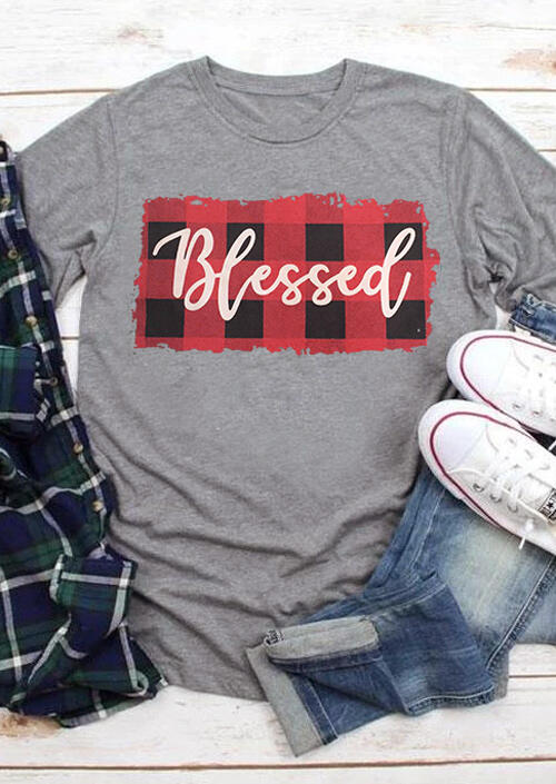 Blessed Plaid O-Neck T-Shirt Tee - Gray