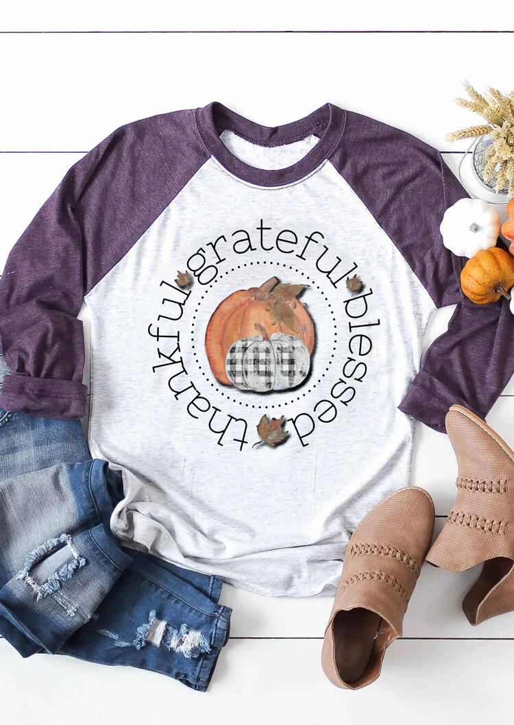 Thankful Grateful Blessed Pumpkin T-Shirt Tee - Light Grey