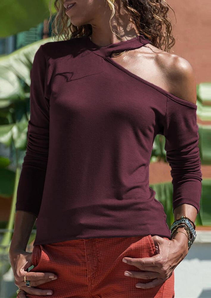 Solid V-Neck One Cold Shoulder Long Sleeve Blouse - Burgundy