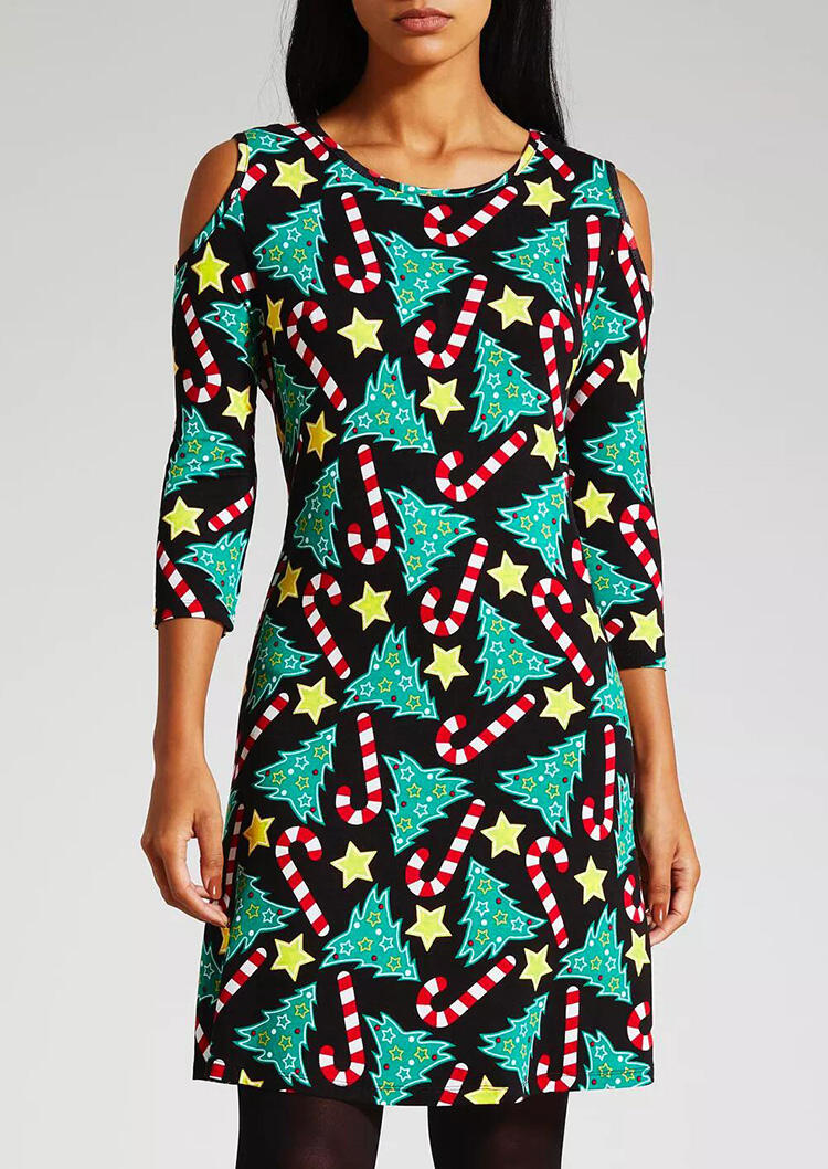 Christmas Tree Star Cold Shoulder Mini Dress - Green