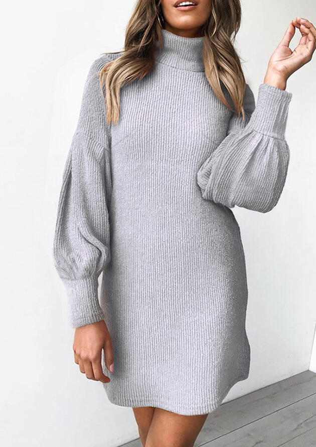 Solid Knitted Turtleneck Lantern Sleeve Mini Dress - Light Grey