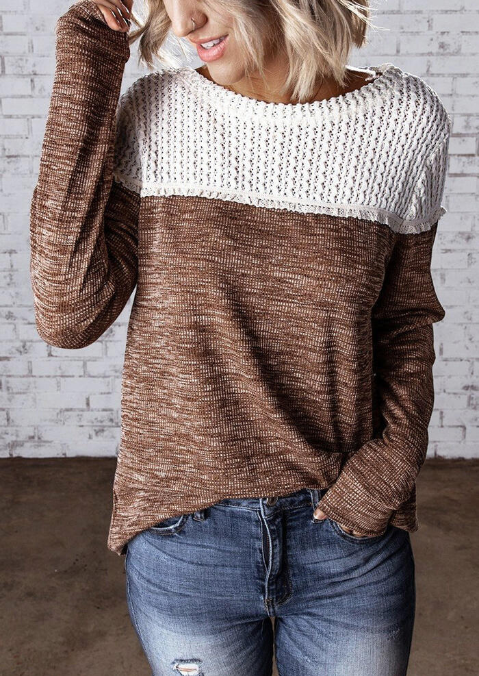 Color Block Knitted Splicing Blouse - Brown