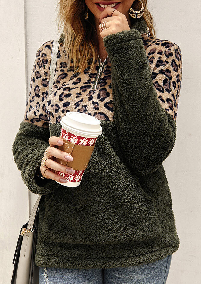 

Leopard Splicing Plush Warm Sweatshirt - Army Green, 456805