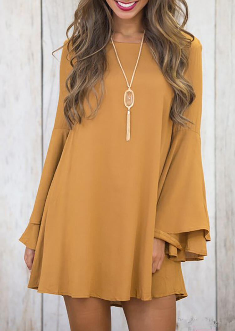 Solid Criss-Cross Flare Sleeve Mini Dress without Necklace - Yellow