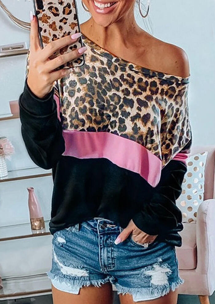 Leopard Printed Color Block Splicing Blouse - Black
