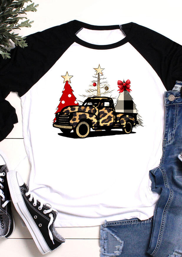 

Leopard Printed Car Christmas Tree T-Shirt Tee - White, 457154