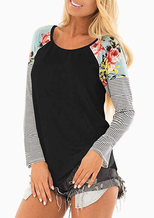 Floral Striped Splicing O-Neck T-Shirt Tee - Black
