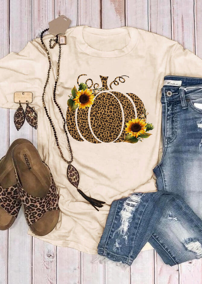 Leopard Printed Pumpkin Sunflower T-shirt Tee - Beige