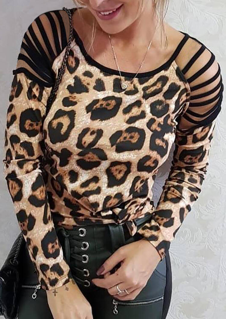 Leopard Printed Splicing Hollow Out Blouse without Necklace