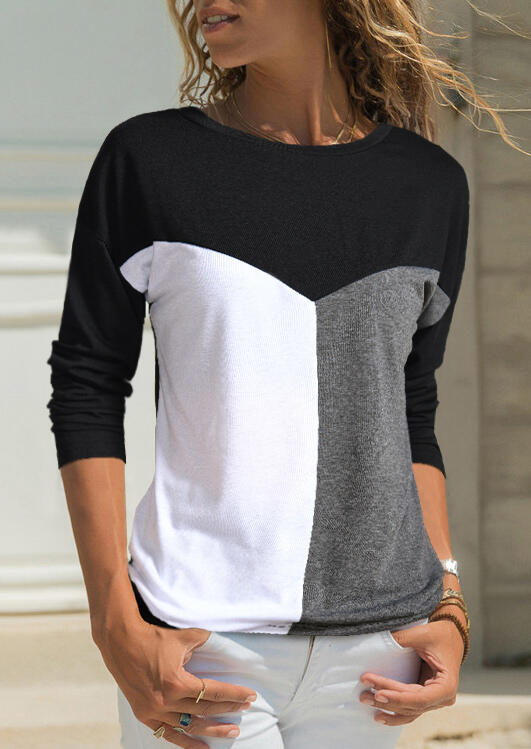 Color Block Splicing O-Neck T-Shirt Tee without Necklace - Black