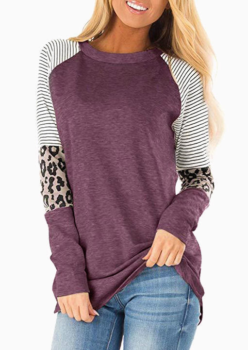 Striped Splicing Leopard Printed T-Shirt Tee - Cameo Brown