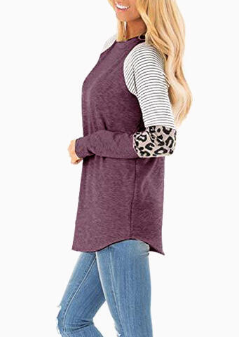 Striped Splicing Leopard Blouse - Cameo Brown