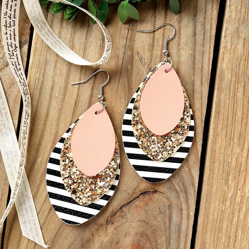 Download Multi-Layered Sequined Striped Leather Earrings - Bellelily