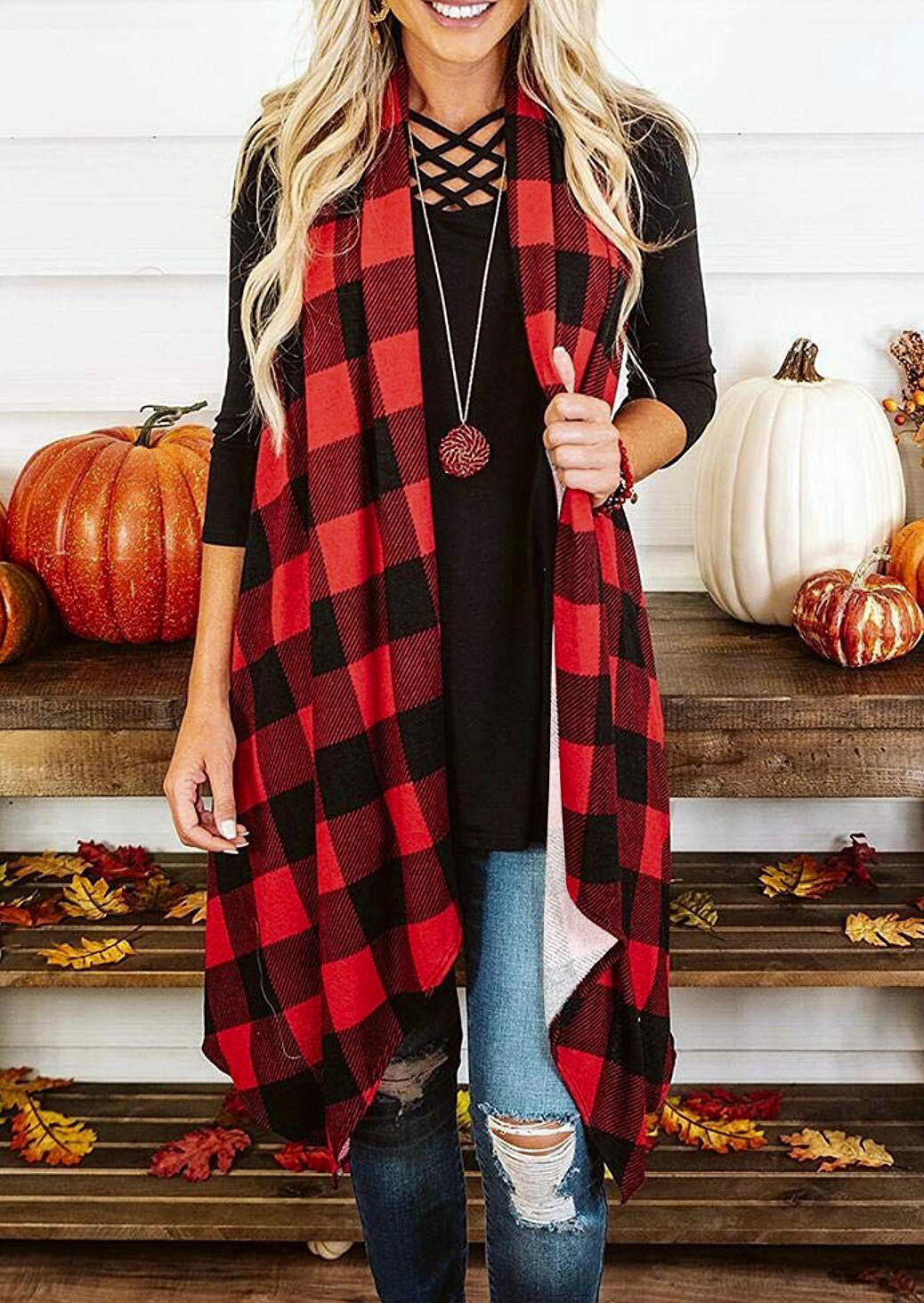 

Plaid Splicing Asymmetric Cardigan without Necklace - Red, 457247