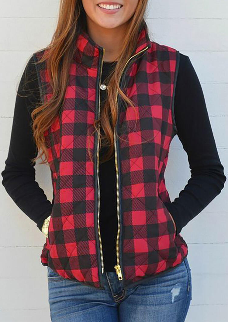 

Plaid Pocket Zipper Sleeveless Vest Coat - Red, 457229