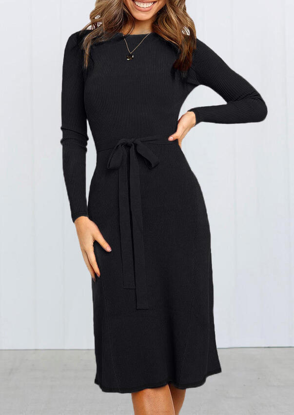 Solid O-Neck Casual Dress without Necklace - Black