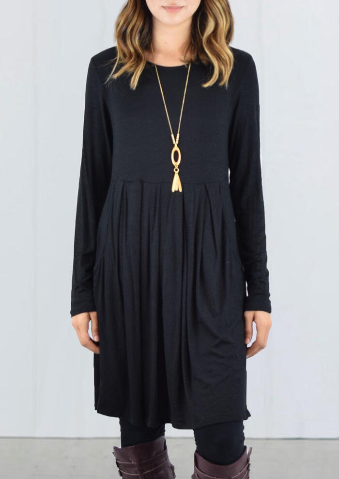 Solid Ruffled O-Neck Mini Dress without Necklace - Black