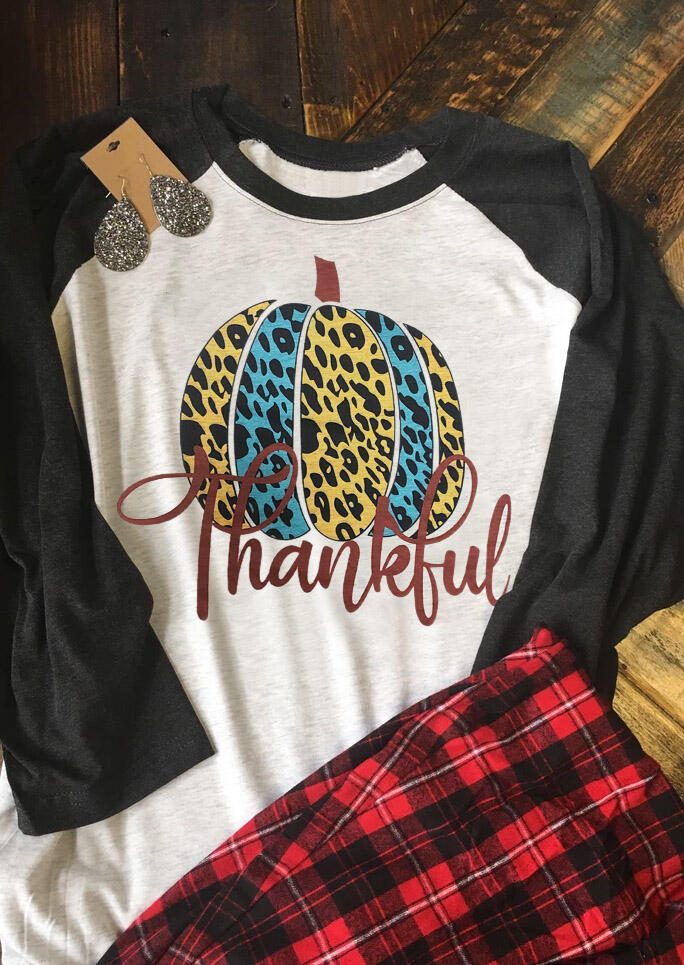 Leopard Printed Splicing Pumpkin Thankful T-Shirt Tee - Light Grey