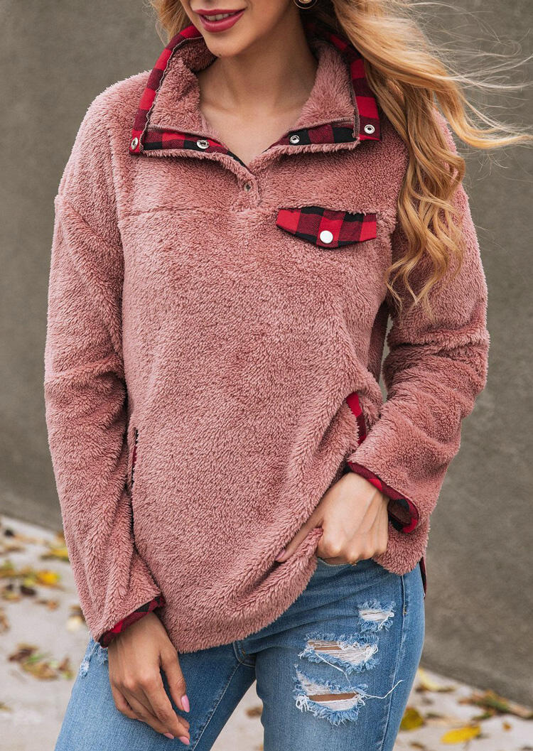 Plaid Splicing Button Pocket Plush Sweatshirt Without Chest Pocket - Cameo Brown