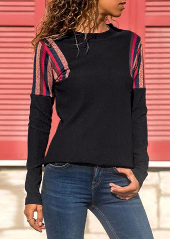 Striped Splicing T-Shirt Tee - Black