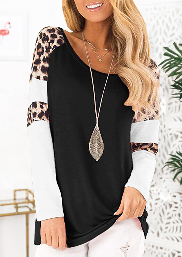 Leopard Printed Splicing T-Shirt Tee without Necklace - Black