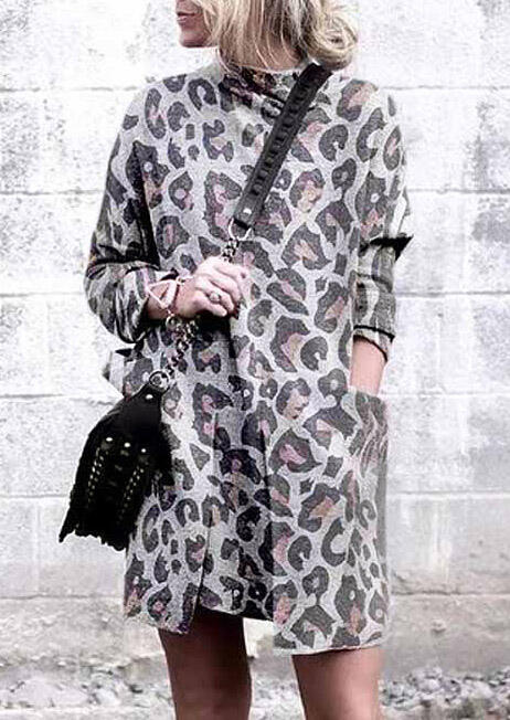 Leopard Printed Pocket Long Sleeve Mini Dress